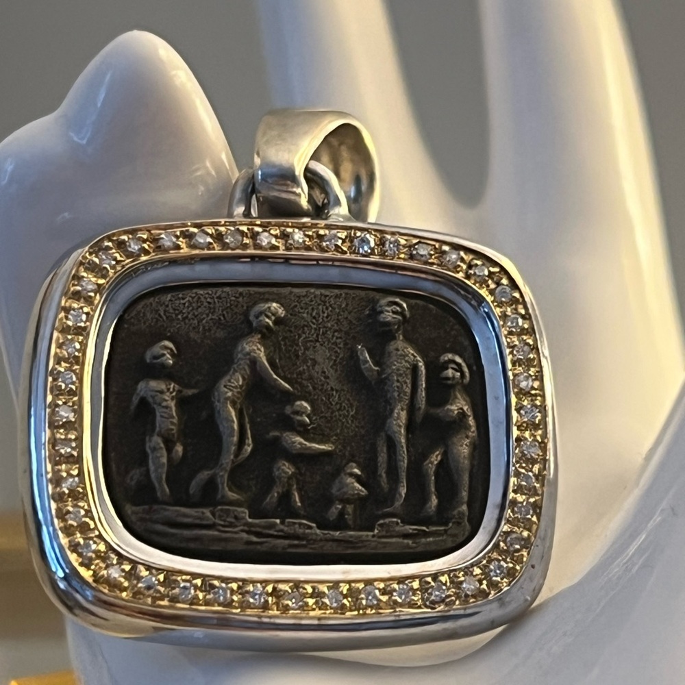 KN Sterling Silver Figural Bas-Relief Medallion Family Scene Diamond Pendant